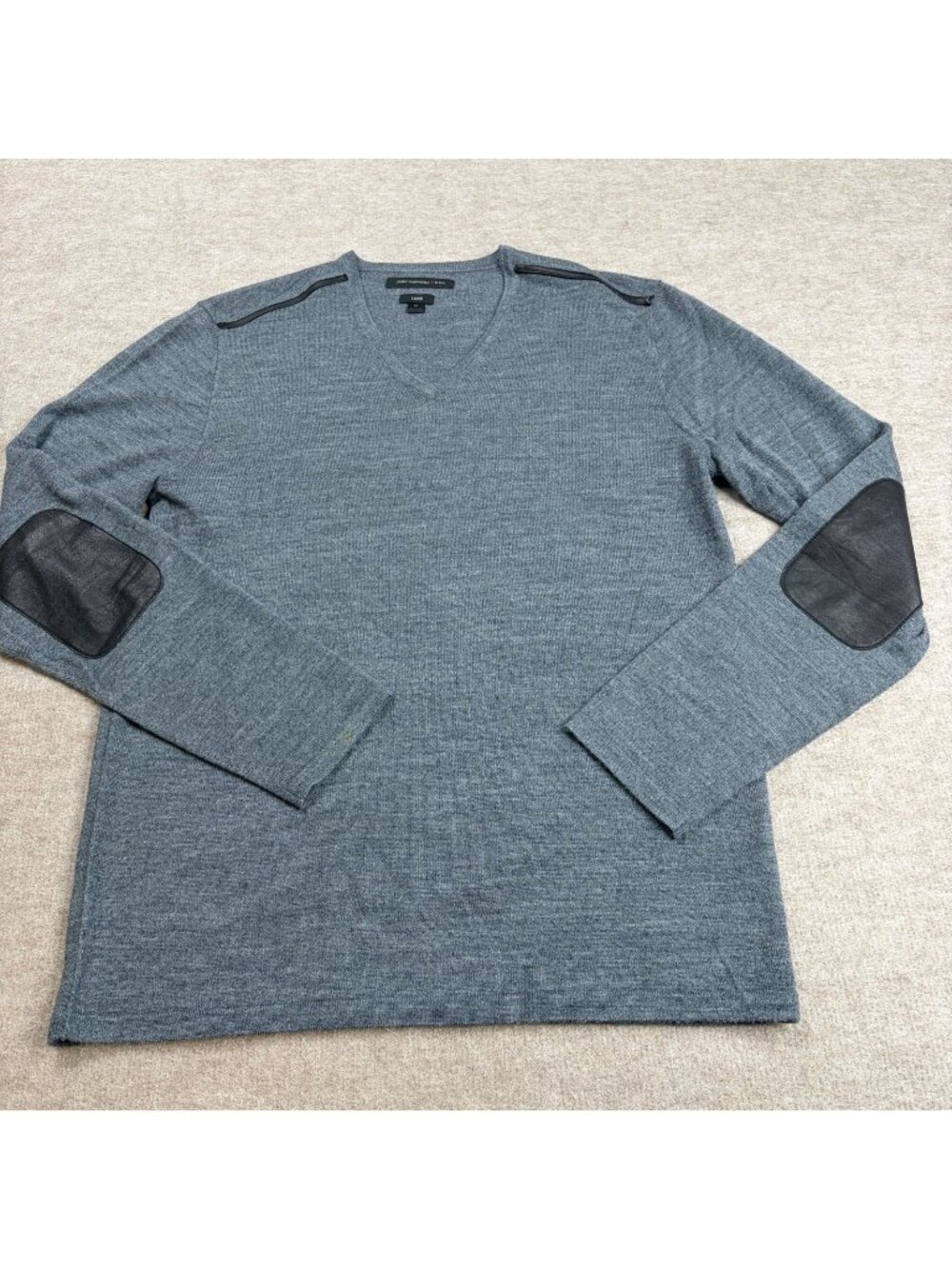 John Varvatos Mens Sweater Medium Gray Heather V-Neck Elbow Patches Merino